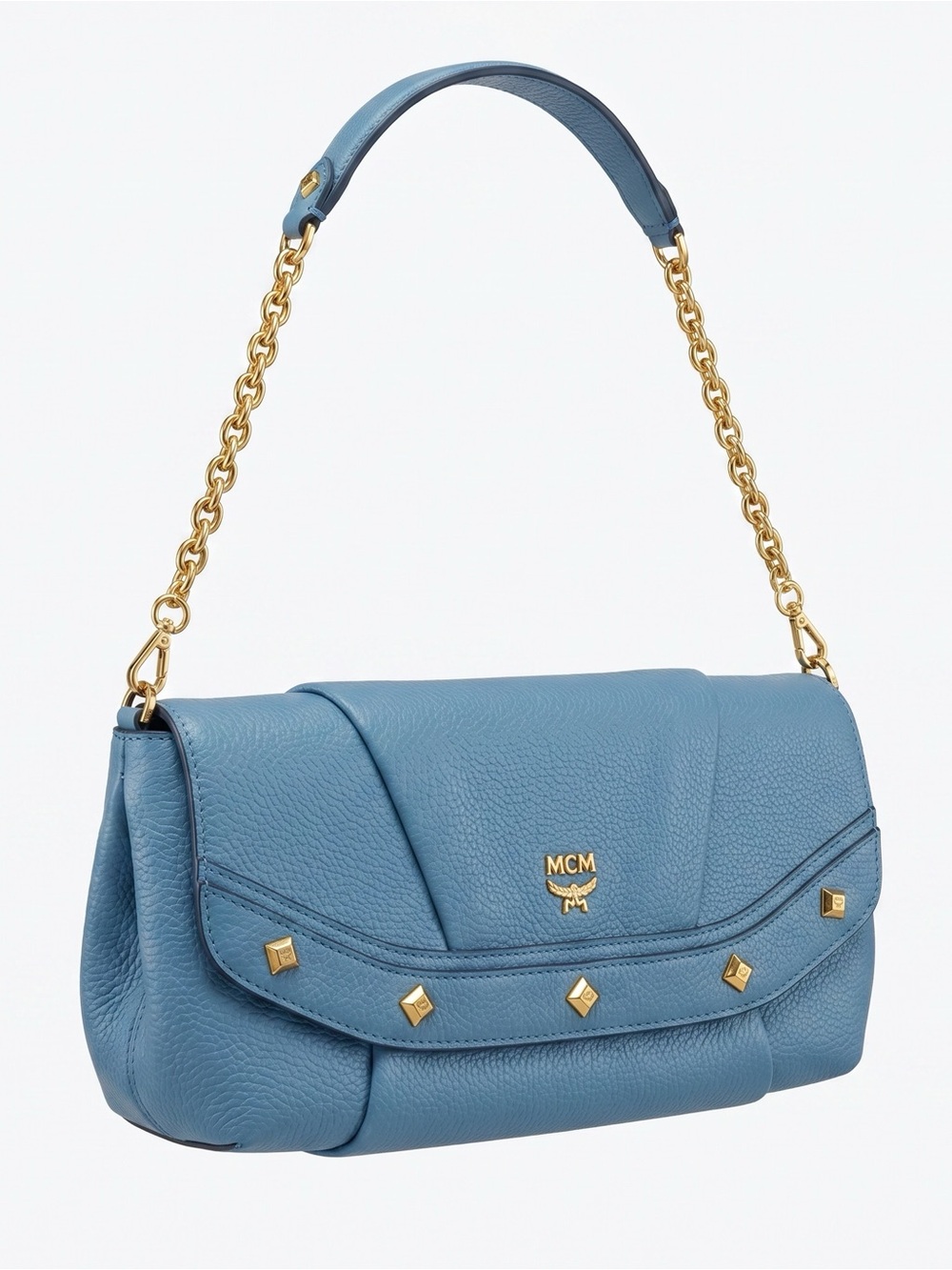 MCM Dusty Blue Pebbled Leather Shoulder Bag with Gold Chain